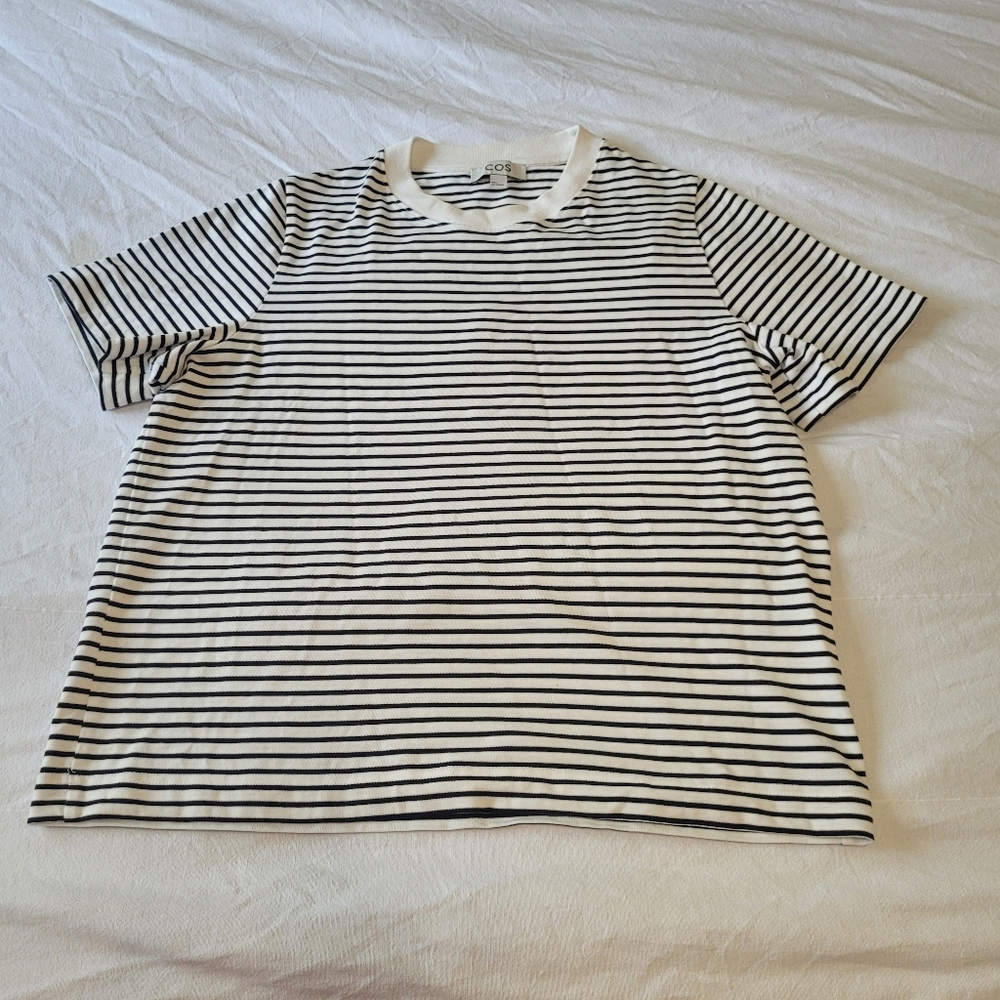 COS White and Black Striped Short Sleeve Tee